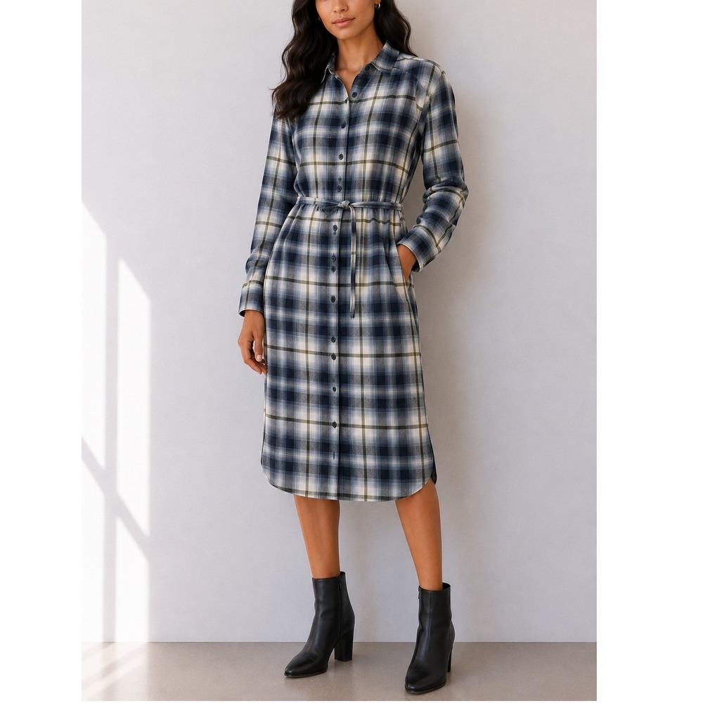 Pendleton Blue Green Plaid Cotton Shirt Dress Belted Button Front | Size XS